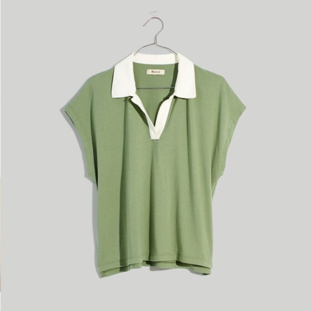 Madewell Sage Green and White Polo Blouse